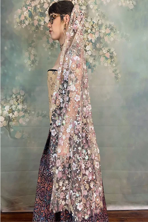 Voile de mariée en tulle à sequins coloris vieux rose