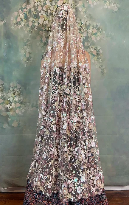 Voile de mariée en tulle à sequins coloris vieux rose